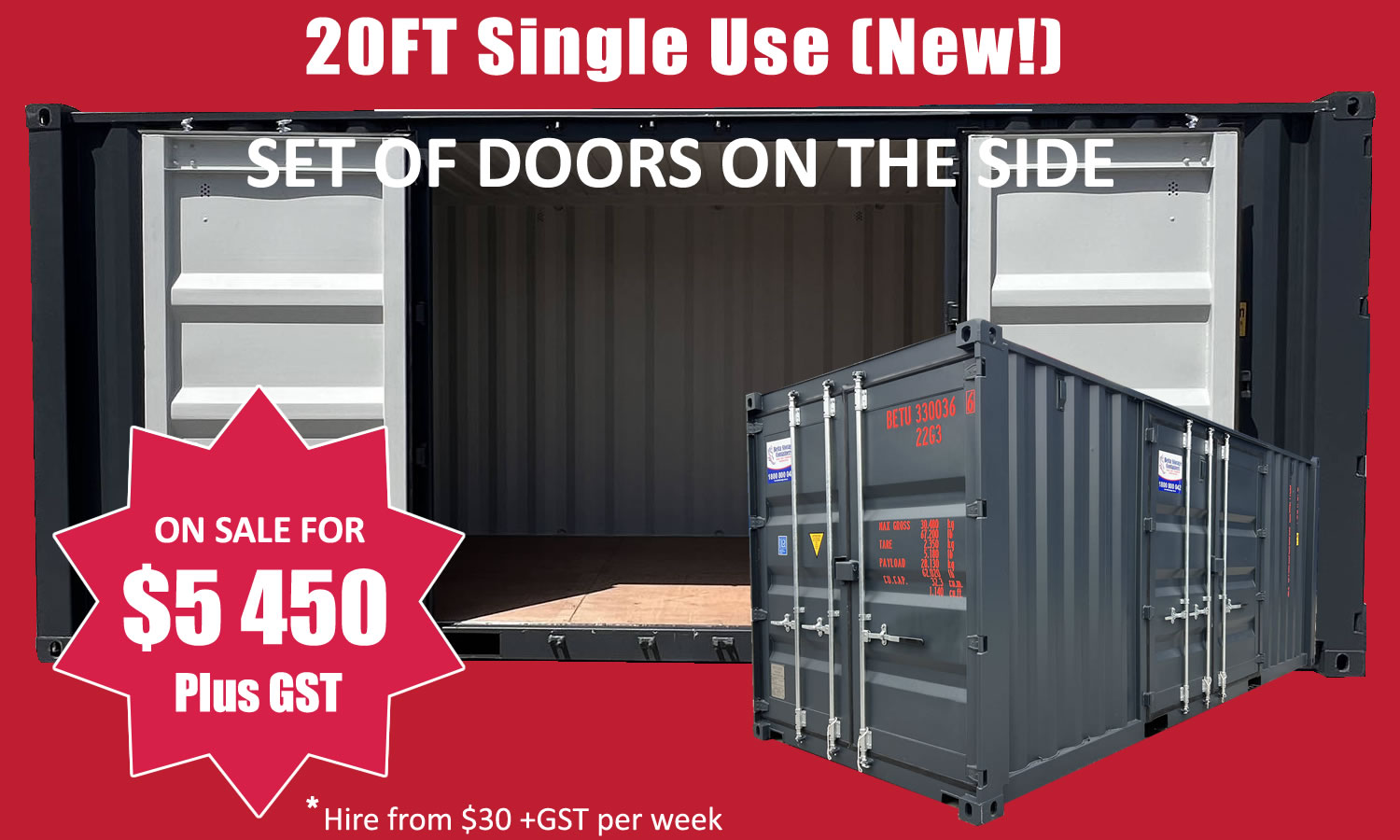 New 20ft Container with Set of Doors on the Side for Sales & Hire Sydney NSW