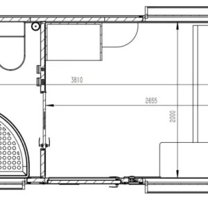 Dimensioned floor plan of 4m accommodation unit with bathroom and sofa bed, NSW