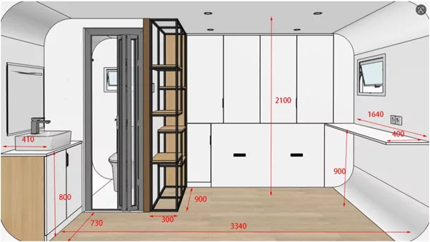 4m pod house interior with bathroom, joinery and fold-out bed, NSW