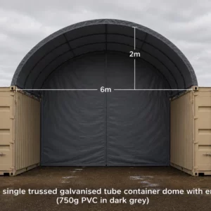 6x6m galvanised container dome shelter with end wall between two containers, NSW